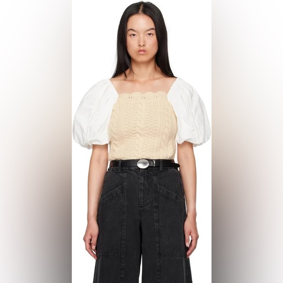 Sea New York Tops - Sea New York Sweater Beige and White Puff Sleeve Crop Top NWT